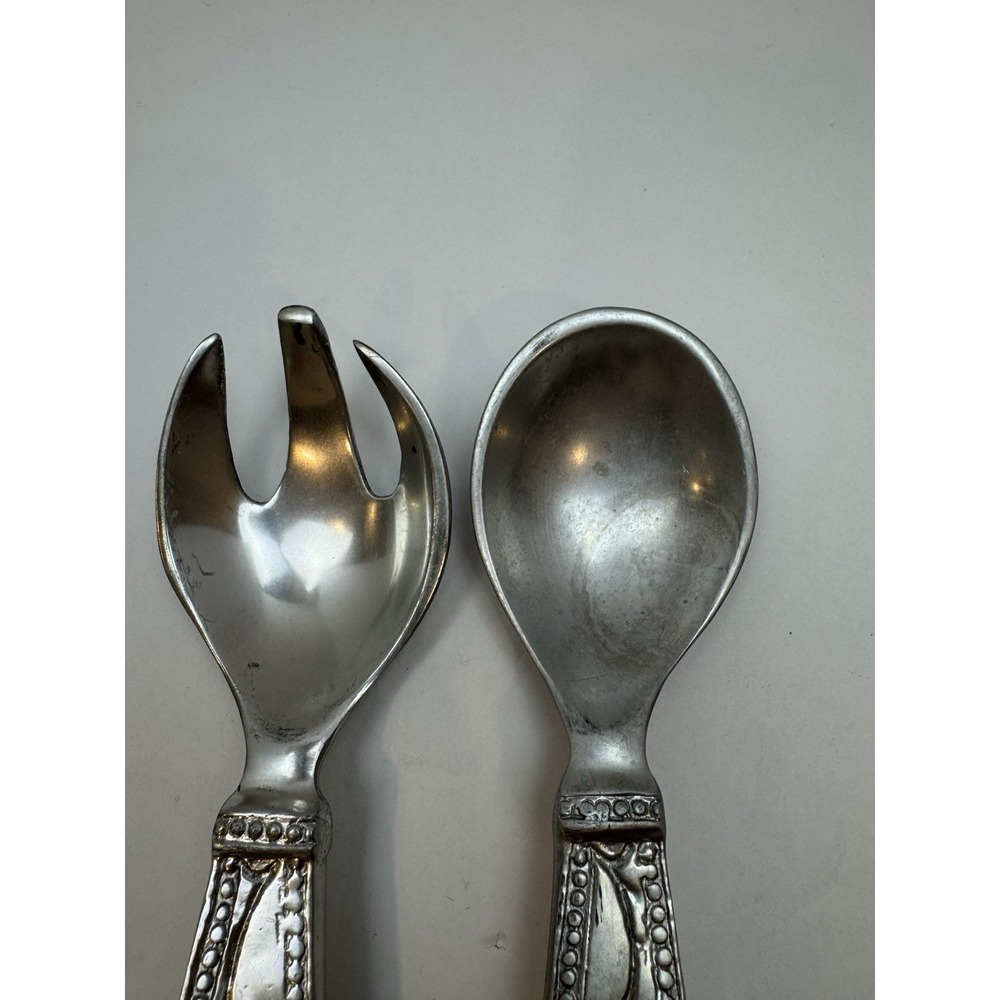 Pewter Metal Floral Salad Server Set, Spoon Fork, Matte Silver Finish, 10 Inch - Picture 2 of 6